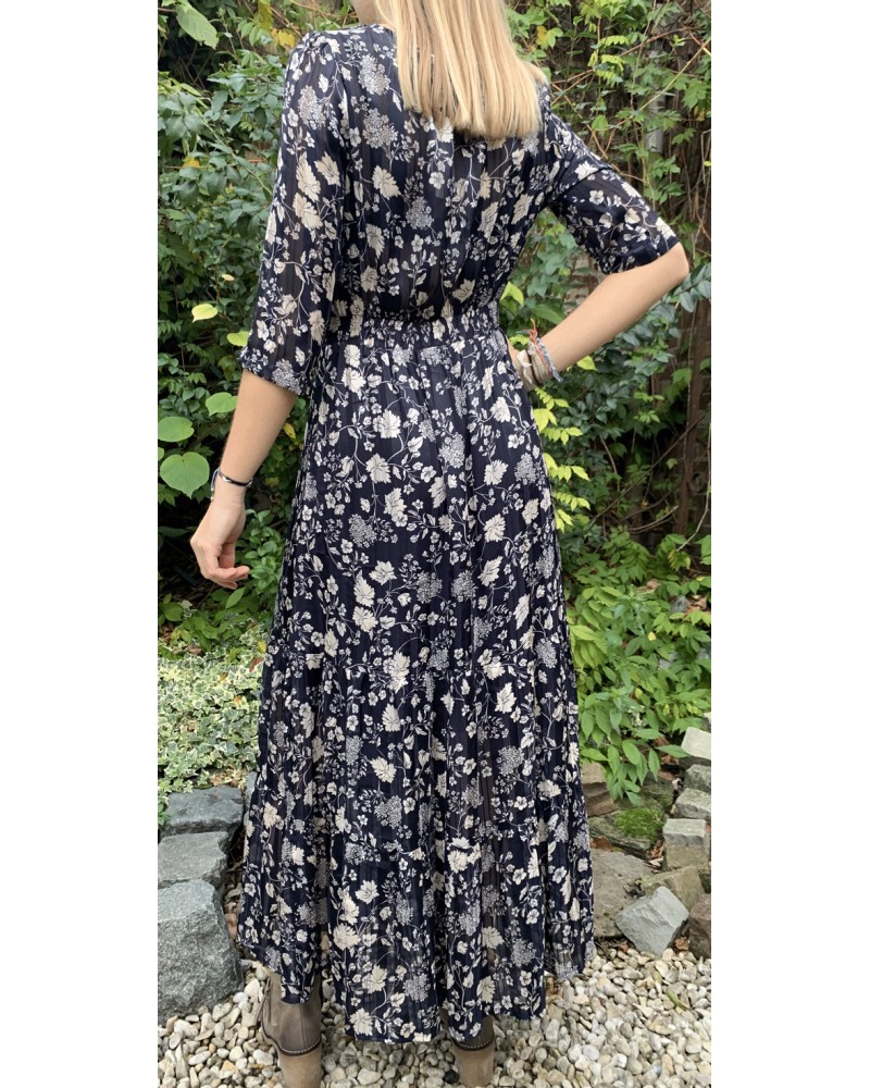 Robe longue fond bleu marine + fleurs beige YCOO